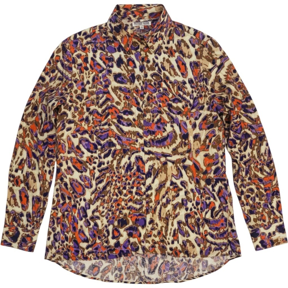 Mishca Abstract Animal‎ Print Button Down Shirt Purple Orange Tan Size Medium